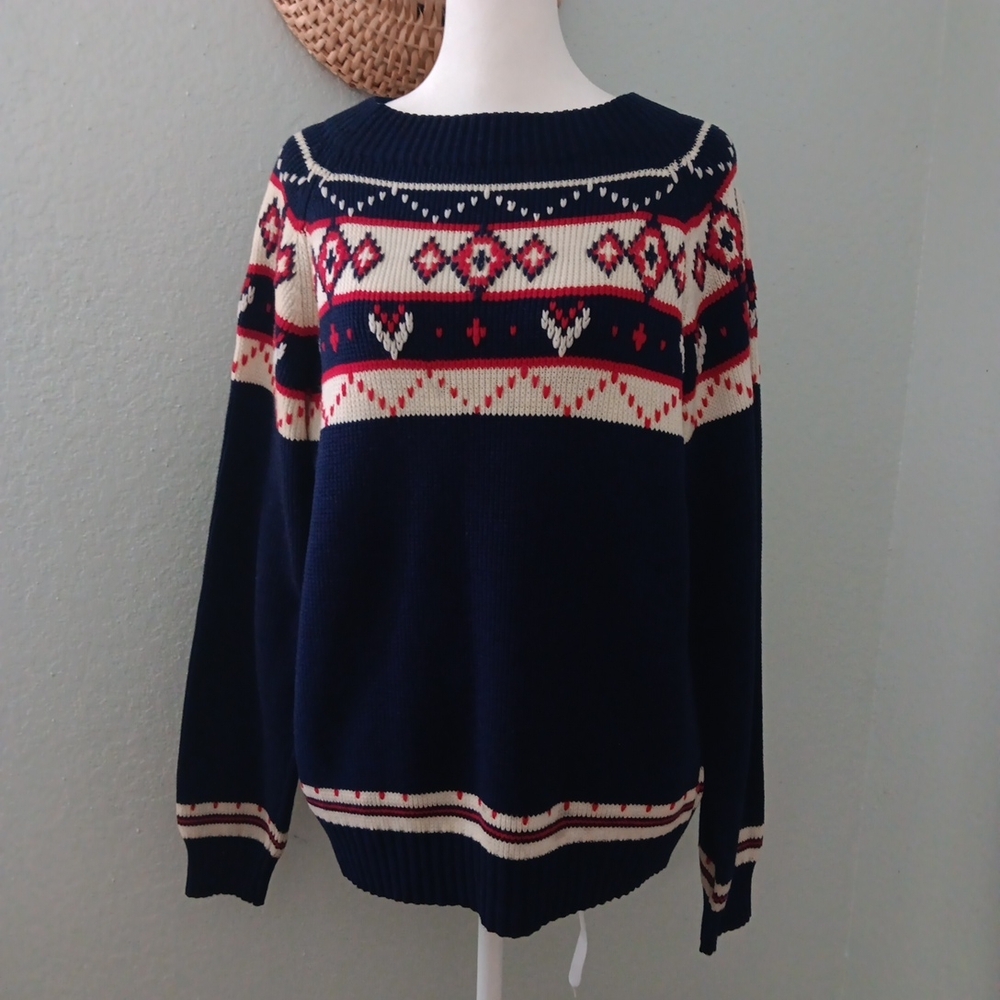 Vintage Navy and Red Patterned Sweater